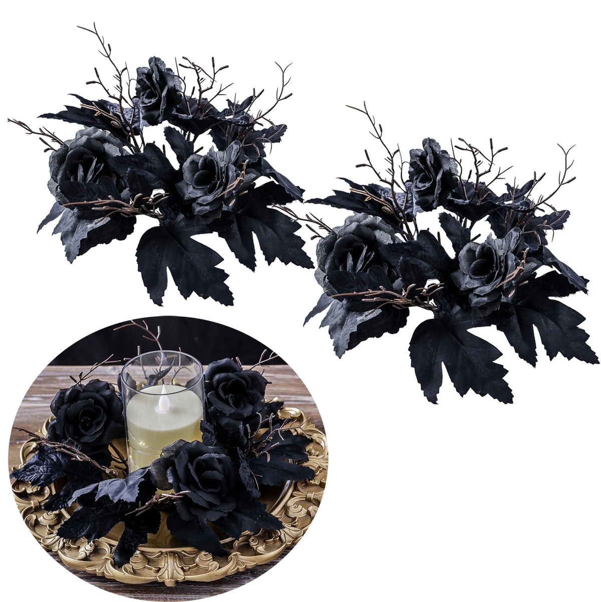 TETOU 2Pcs Halloween Candle Rings Wreath for Pillar Candle Holder, Maple Leaf Black Rose Small Wreaths for Fall Thanksgiving Home Table Centerpieces, Cabinet Decorations - Black