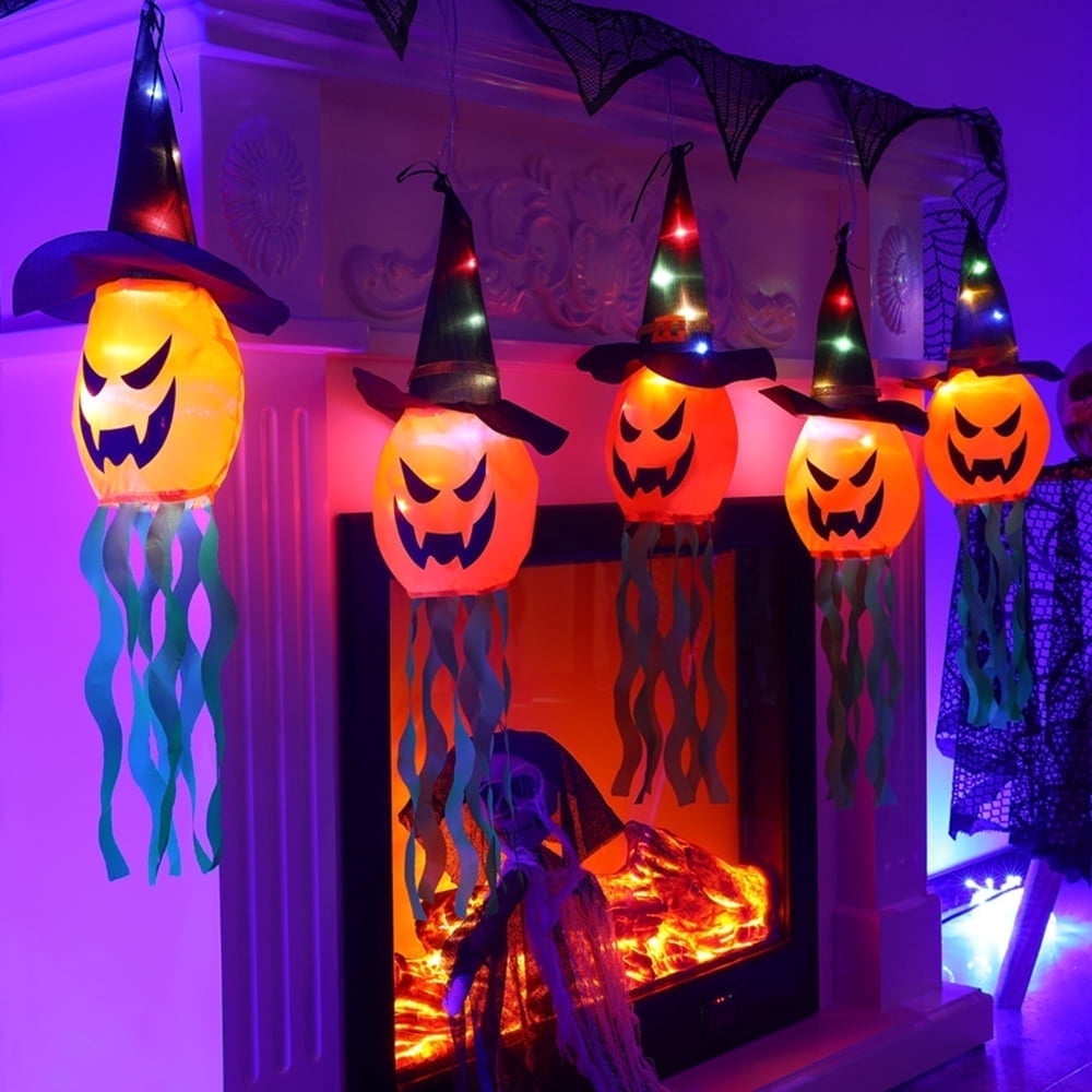TETOU 5Pcs Halloween Decorations Outdoor Hanging Lights, Glowing Pumpkin Witch Hat Led Scary Light for Indoor Outside Party Tree Garden Porch Halloween Decoration - Warm Color