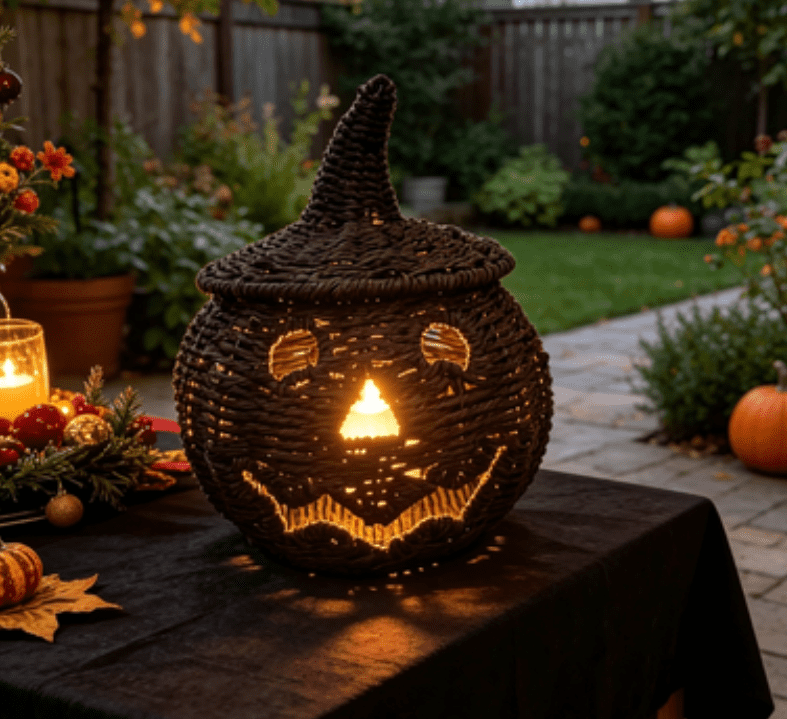 THOPBPRK 2026 Black Halloween Woven Pumpkin Jack-O'-Lantern, Halloween Decorations Pumpkin, USE LED Candle, Rattan Fall Halloween Decor for Home, 1Pack 11.8 Inch A