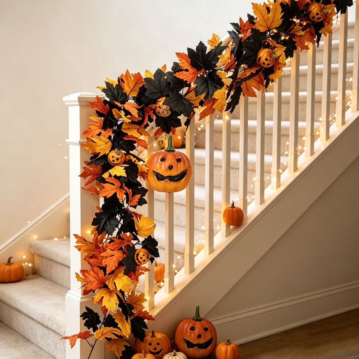Halloween Pumpkin Garland - 68" Fall Leaf Decor for Mantle, Staircase & Porch, Outdoor/Indoor Autumn Thanksgiving Party Decoration (Multicolor)