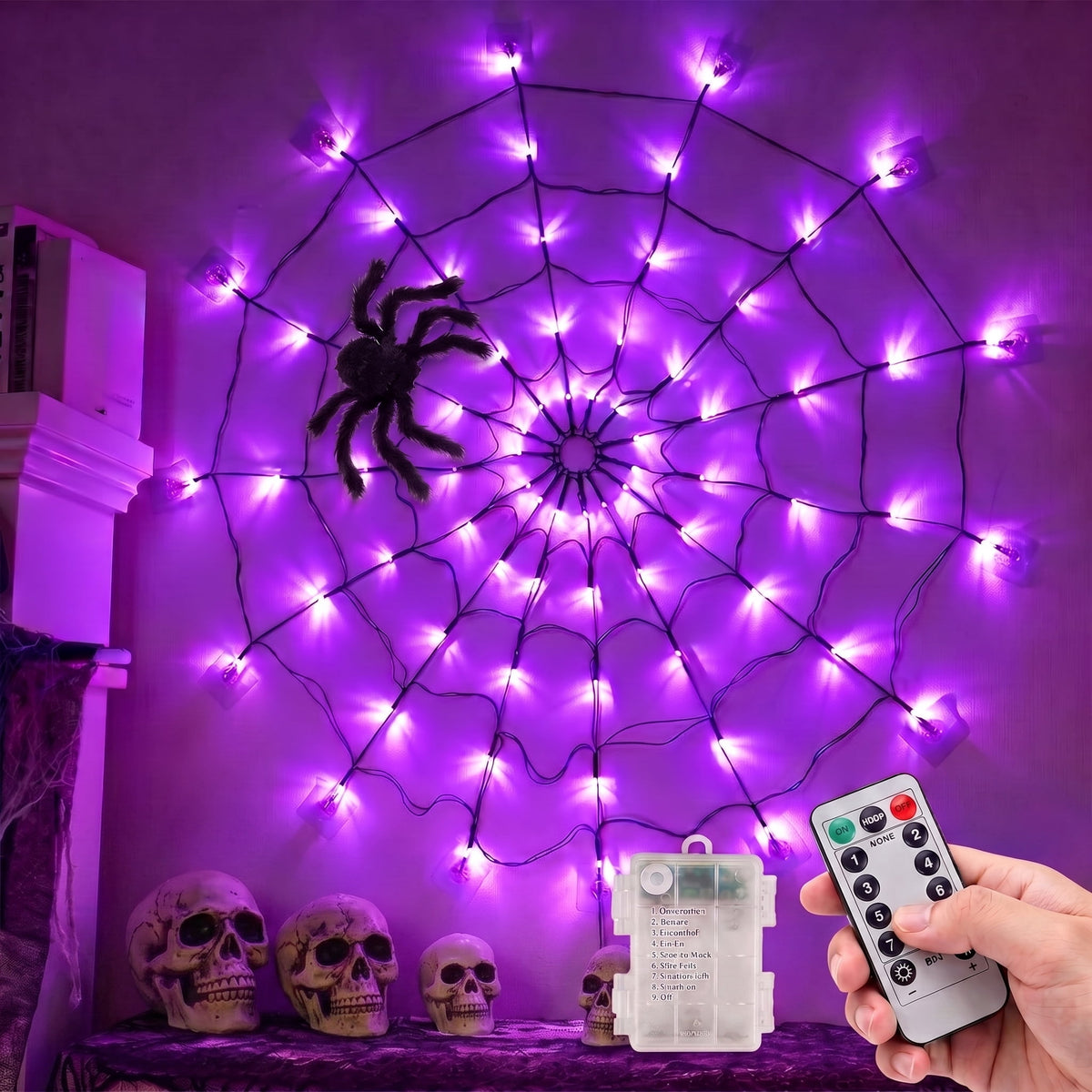 VOLIVO Halloween Spider Web Lights, 4FT Diameter 8 Modes Net Lights with Black Spider, Remote Control Waterproof for Indoor Outdoor (Purple)