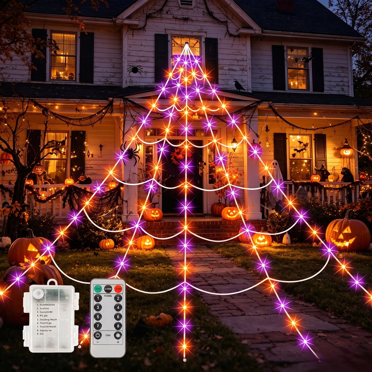 VOLIVO Halloween Spider Web Light, 250 LED 15.7 x 16.4 FT Halloween Decor, 8 Modes Remote Waterproof for Indoor Outdoor Party (Purple & Orange)