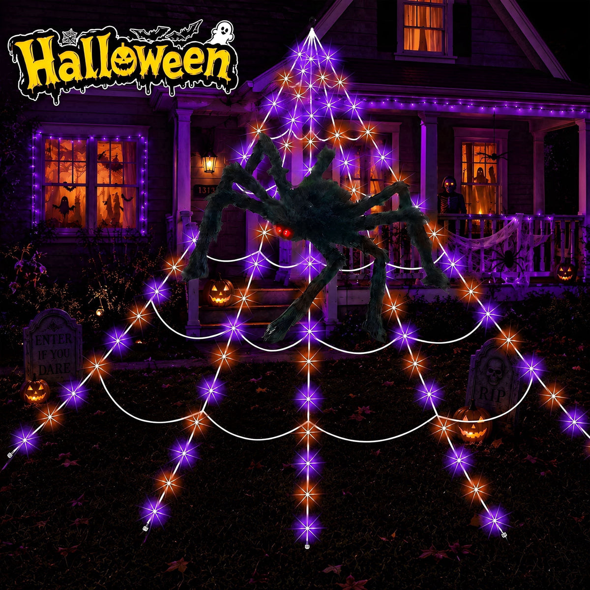 VOLIVO Halloween Spider Web Lights, 5 FT Giant Spider + 15.7 x 16.4 FT Light-up Triangular Web, 250 LED 8 Modes Waterproof Decor for Indoor Outdoor (Purple)