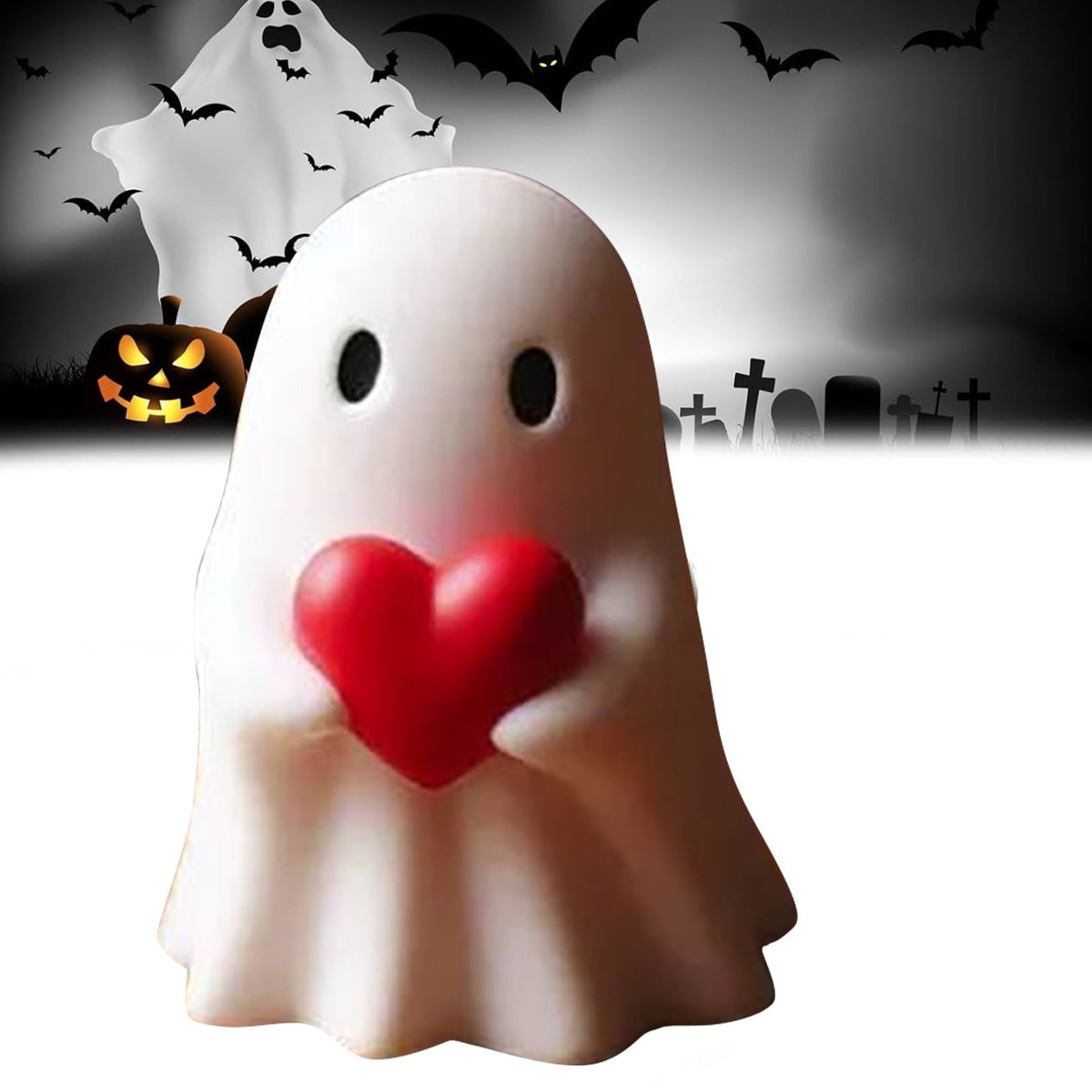 Halloween Ghost Figurine, Resin Lighted Ghost Ornament with Pumpkin Lantern & Beverage Cup, Tabletop Halloween Indoor Decor