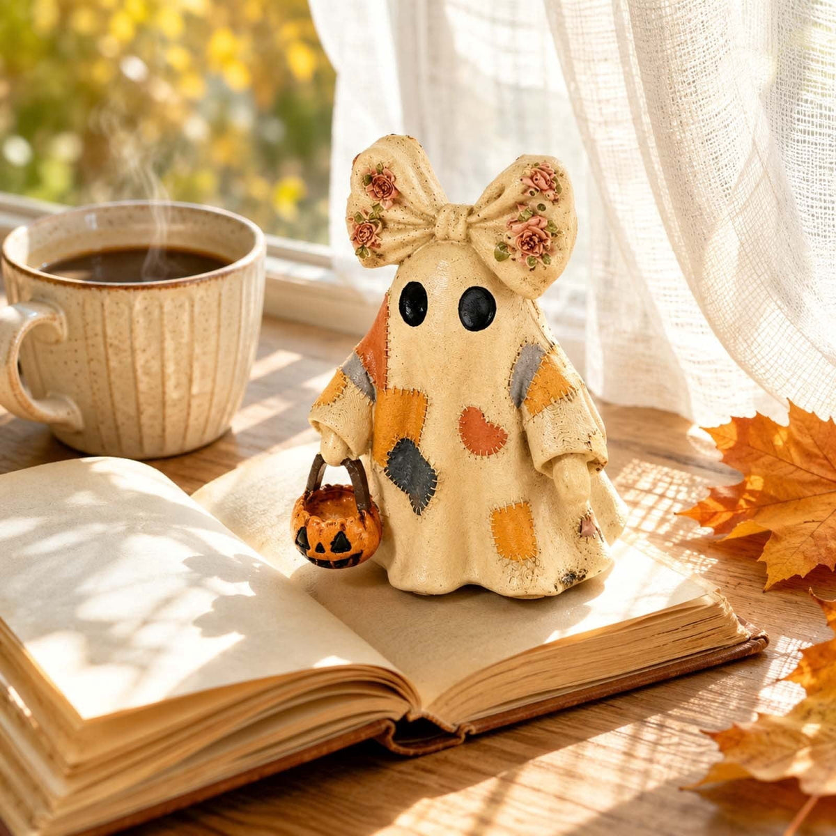 Vintage Patchwork Ghost Figurine, Cute Resin Halloween Ghost Statue with Floral Bow and Pumpkin Basket, Retro Fall Tabletop Mantel Shelf Entryway Porch Decor for Halloween Thanksgiving Home Party