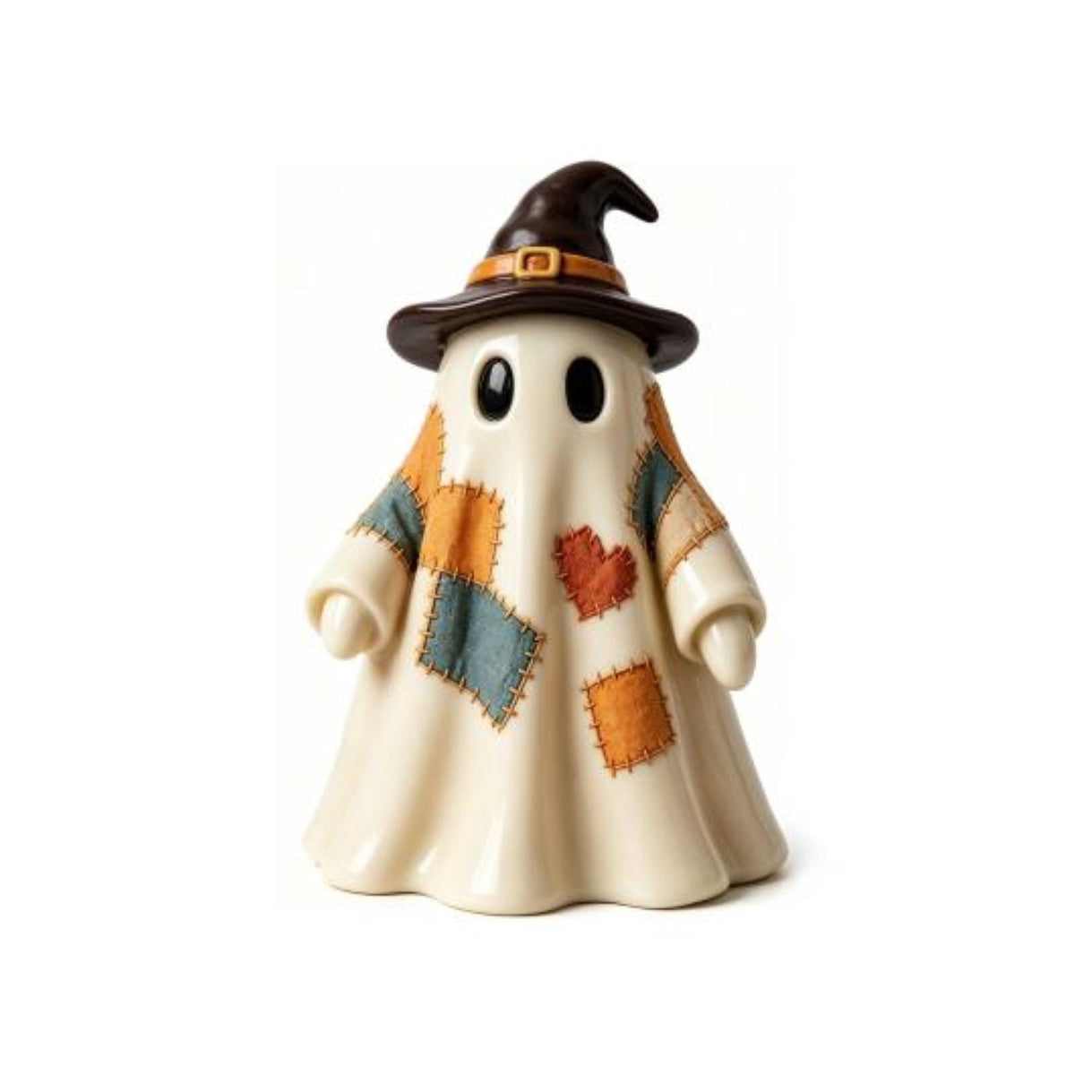 Vintage Patchwork Ghost Figurine, Cute Resin Halloween Ghost Statue with Floral Bow and Pumpkin Basket, Retro Fall Tabletop Mantel Shelf Entryway Porch Decor for Halloween Thanksgiving Home Party
