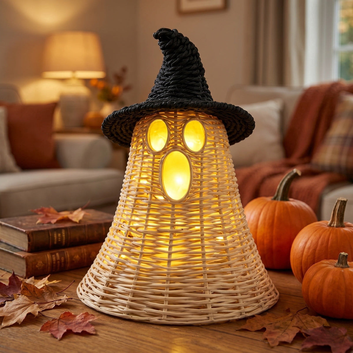Wicker Ghost Decor, Halloween Decorations Indoor 12.2 Inch, Rattan Ghost Basket Tabletop Lamp Shade for Fall Home Mantel, Halloween Gift Ideal