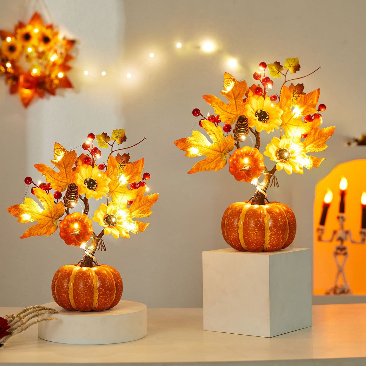 YSGFHGJW Halloween Thanksgiving Artificial Pumpkin Tree Decoration, Light Up with LED Lights, Fall Decor for Dining Table Living Room Porch