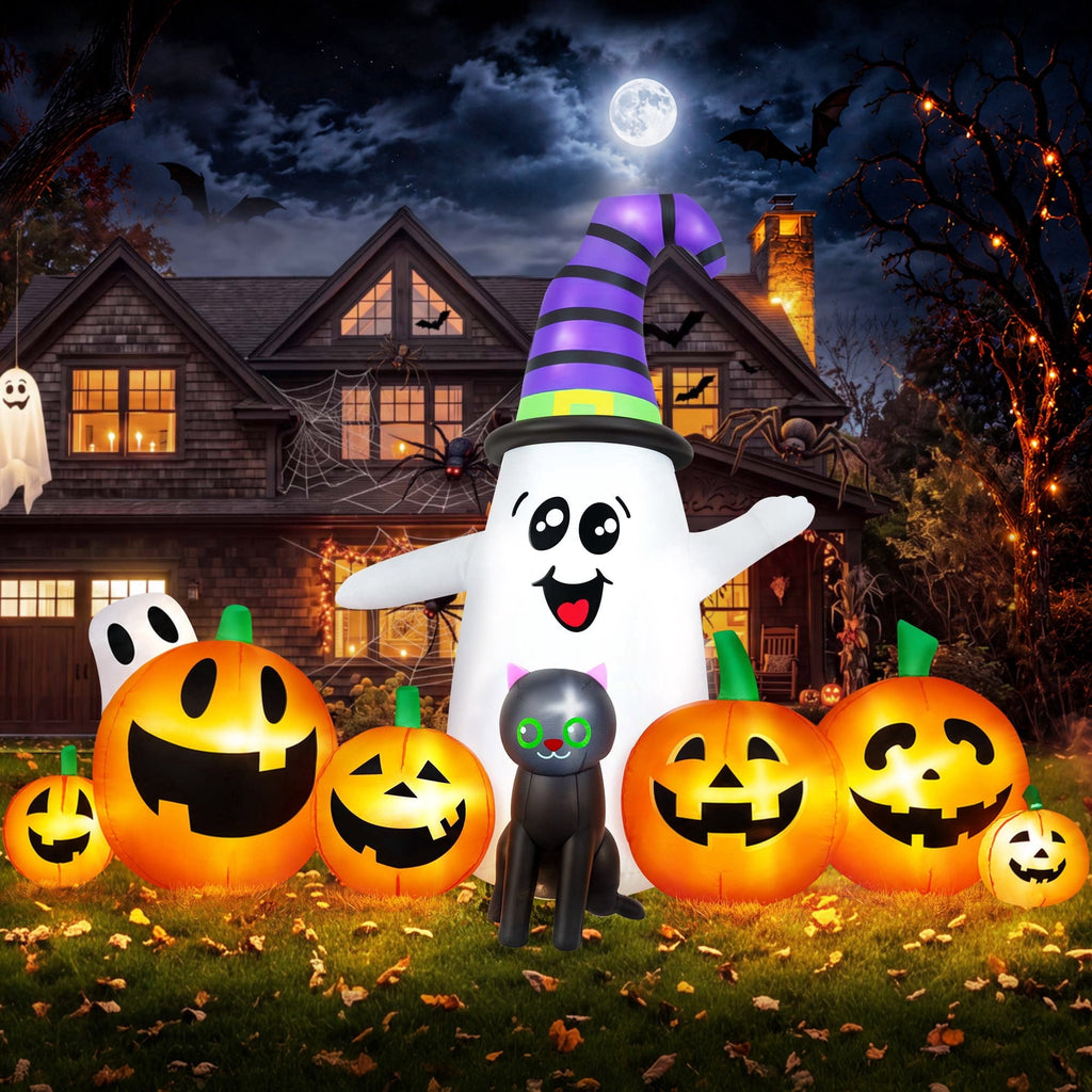 Yexmas 8 FT Long Halloween Inflatable Ghost with Witch Hat, 6 Pumpkins Halloween Blow Ups with Black Cat for Halloween Party Outdoor Yard Garden Lawn Decor