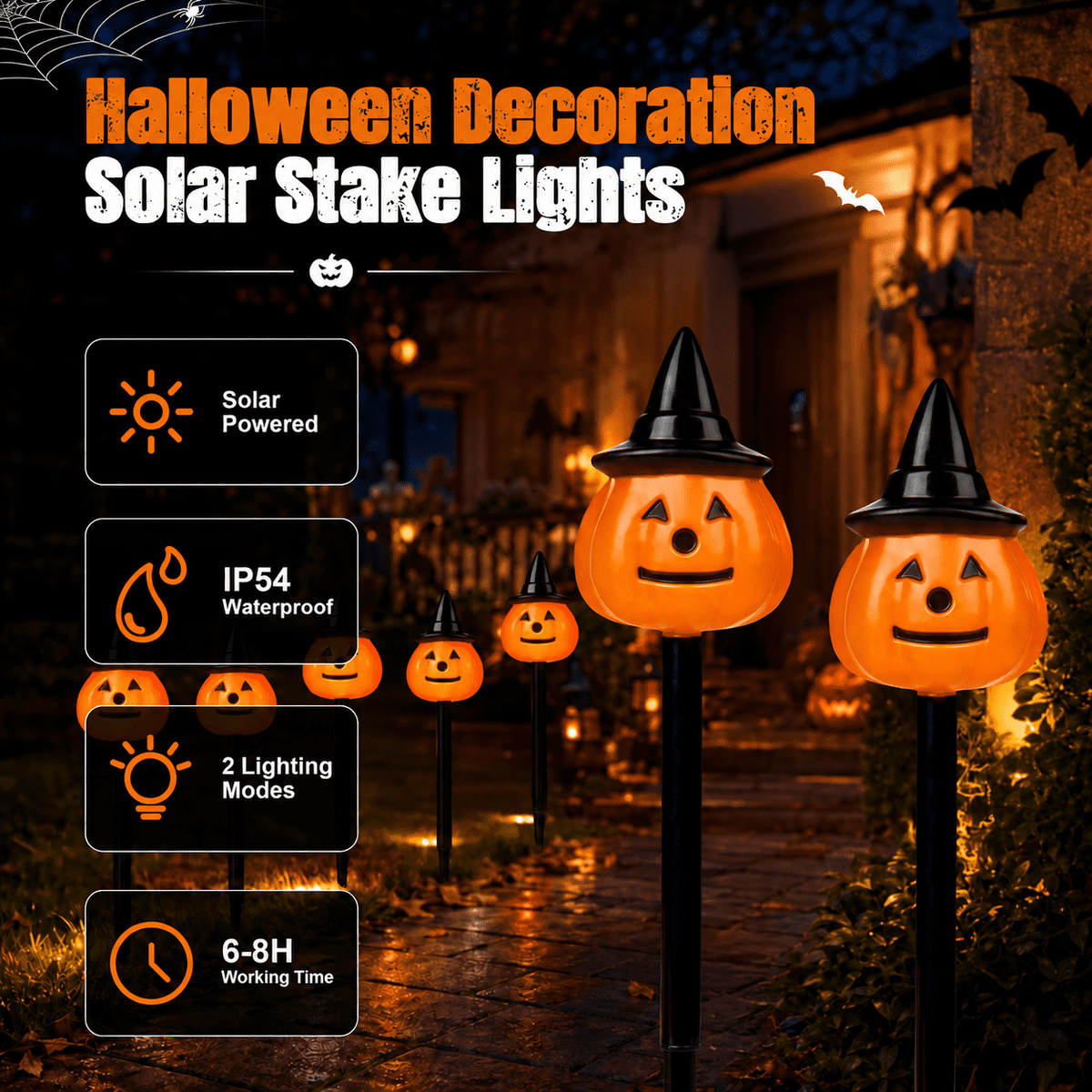 DAKIMOE Solar Halloween Path Lights, Lantern Stake Outdoor String Lights, 6-Pack