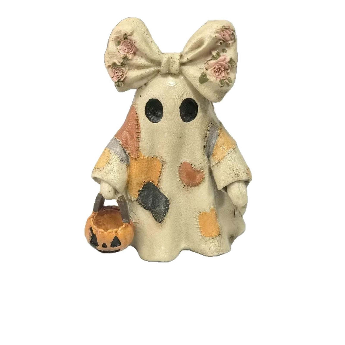 Vintage Patchwork Ghost Figurine, Cute Resin Halloween Ghost Statue with Floral Bow and Pumpkin Basket, Retro Fall Tabletop Mantel Shelf Entryway Porch Decor for Halloween Thanksgiving Home Party