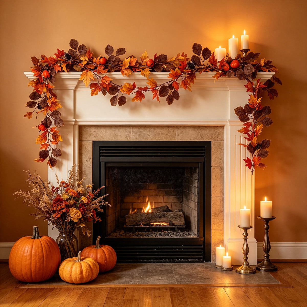 Fall Maple Leaf Front Door Wreath, Multicolor Plastic Seasonal Wreath for Halloween Thanksgiving Christmas Indoor Wall Fireplace Home Decor, 9.84 Inch
