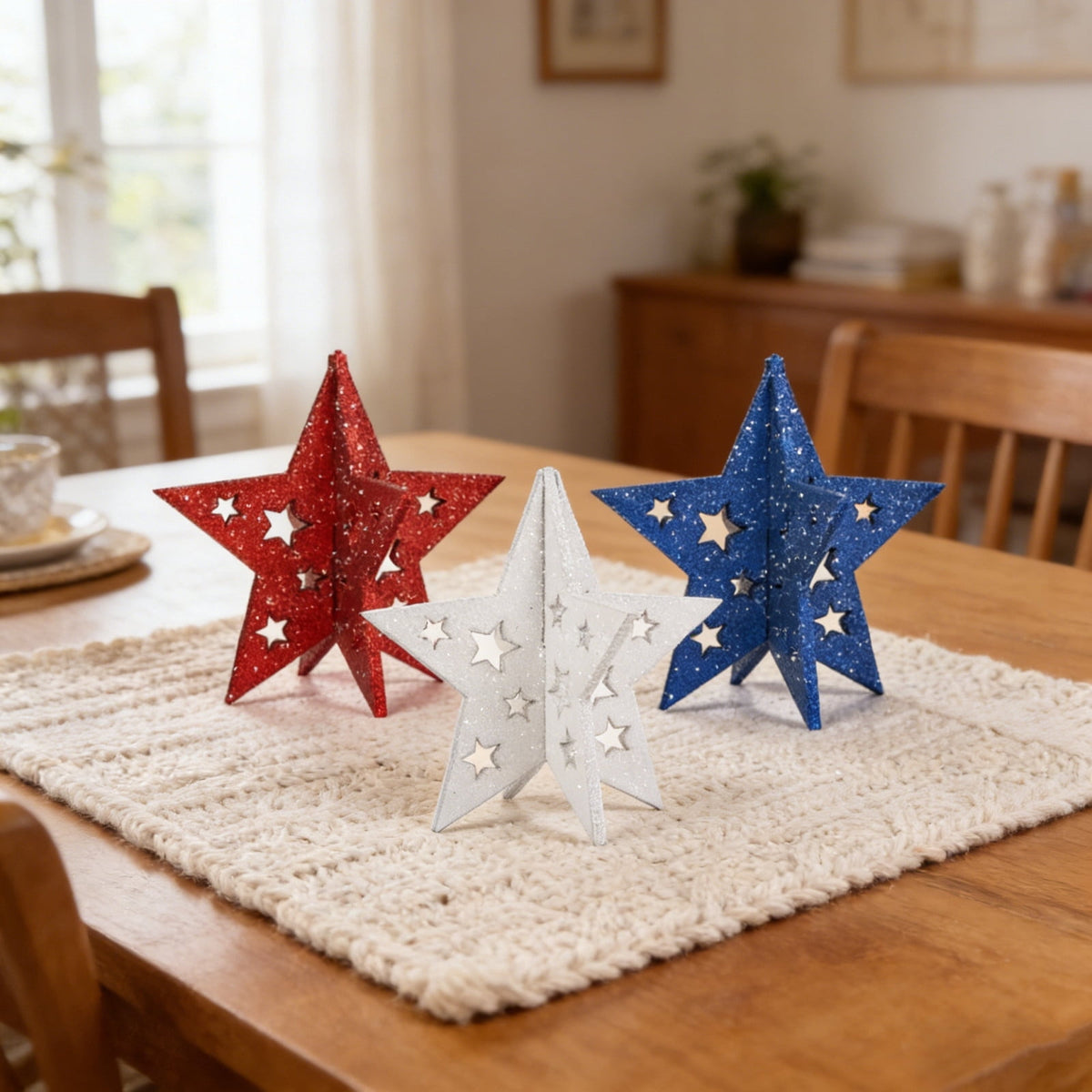 Japceit 3Pcs 4Th Of July Decorations Wooden Stars,Red White Blue Patriotic Decor, Independence Day Ornaments Set,For Home Office Table Shelf