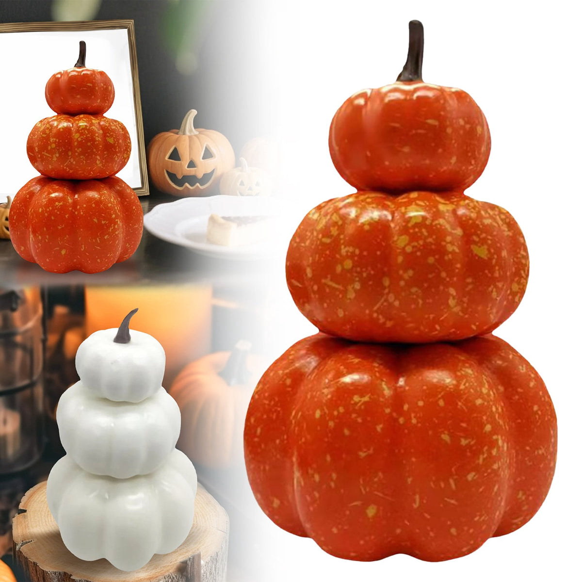 White Stacked Pumpkin Model - Realistic Fall and Thanksgiving Home Decor