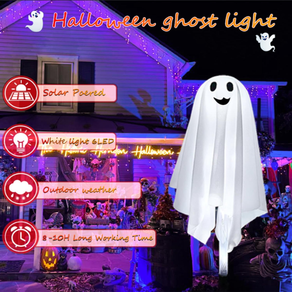 Halloween Ghost Pathway Lights with Stakes, 6PCS Solar Light Ghost Decorations, Waterproof Outdoor Lights for Yard, Lawn, Driveway, Halloween Decor