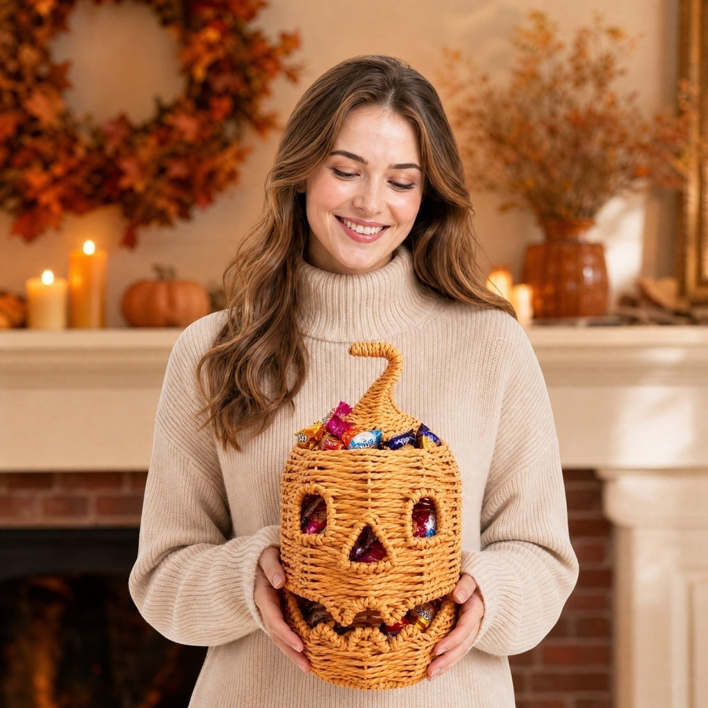 Handwoven Pumpkin Lantern, Rustic Vintage Halloween Decor, 28cm Woven Pumpkin Lantern Without LED Candle Light, Pumpkin Ornament for Mantel Doorstep Halloween Party Decorations
