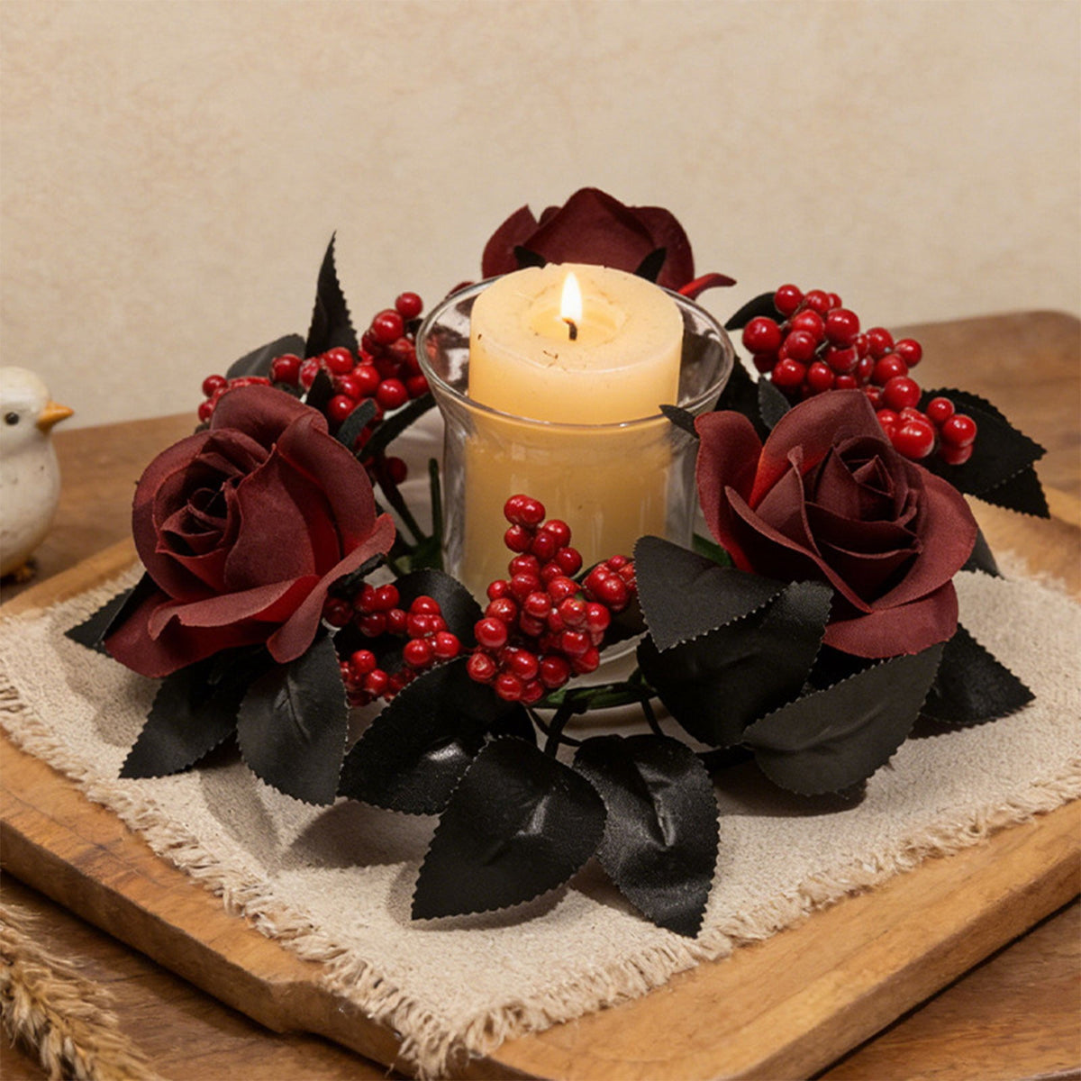 Fall Candle Ring,Artificial Maple Leaves Pumpkins Decorative Wreaths,Berry Wreath for Pillar Candle Holder,Candle Ring for Halloween Centerpieces and Farmhouse Table Decor,7.48 inch(Pink)