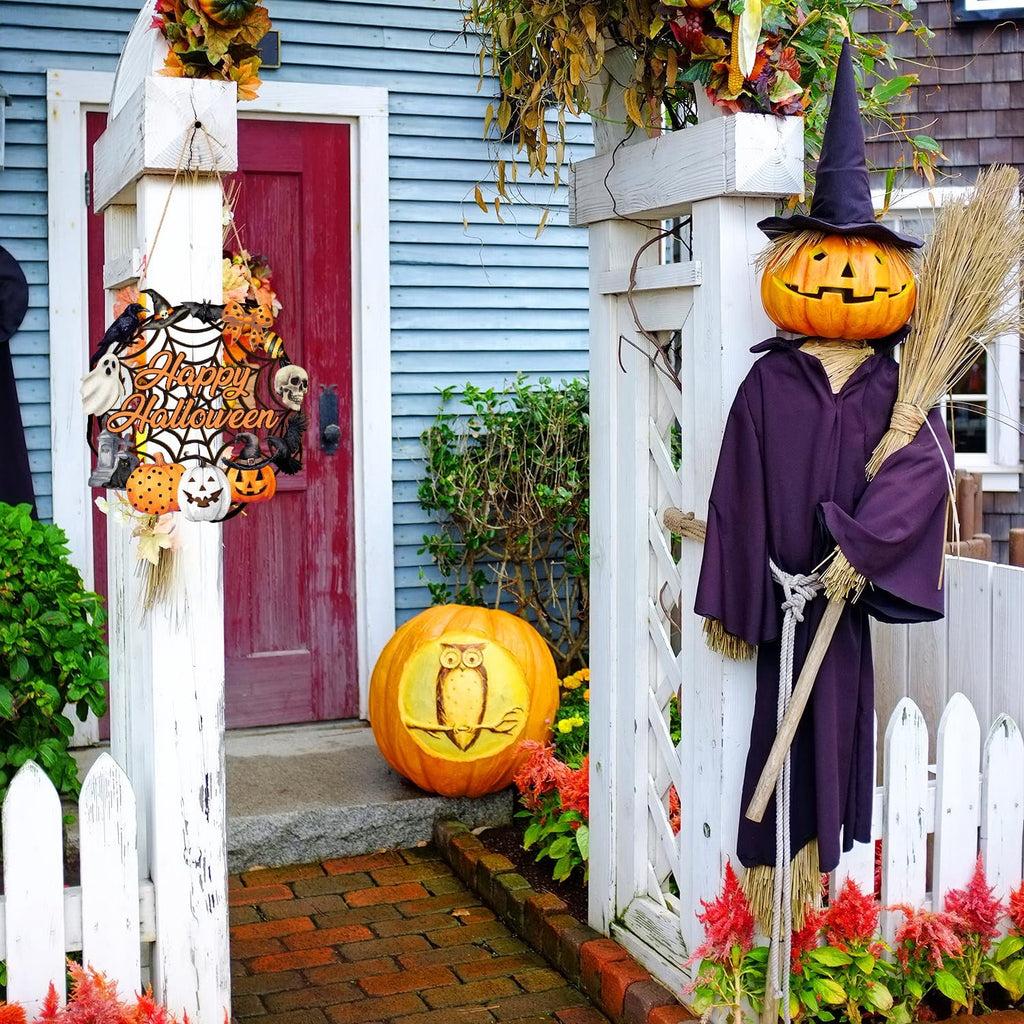 Halloween Door Wreath,Wooden Door Sign Halloween Wreath for Front Door Decoration with Ghost Black Cat Pumpkin Fall Decor