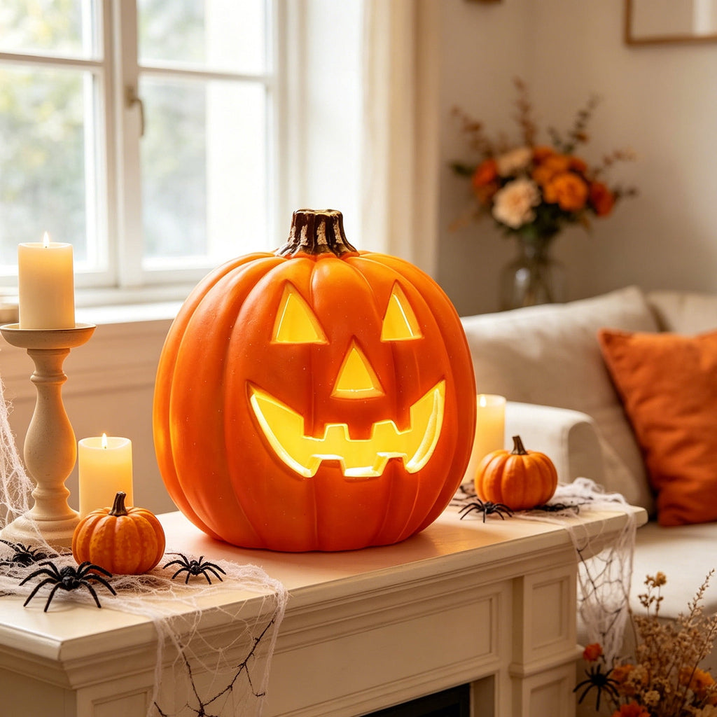 Halloween Lighted Pumpkin Decoration, Glowing Jack o Lanterns, Large LED Pumpkin Lamp with Warm Glow, Outdoor Yard Porch Halloween Decor, Holiday Display Ornament for Home Party