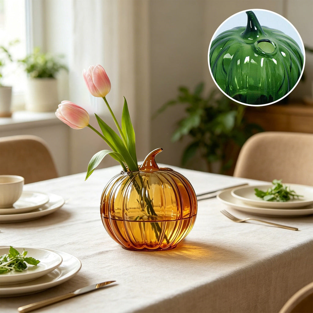 SLYNSHome Striped Glass Pumpkin Shaped Vase, Mini Hydroponic Flower Container,Clear Decorative Pumpkin Glass Centerpiece For Fall Thanksgiving Indoor Tabletop Home Decor
