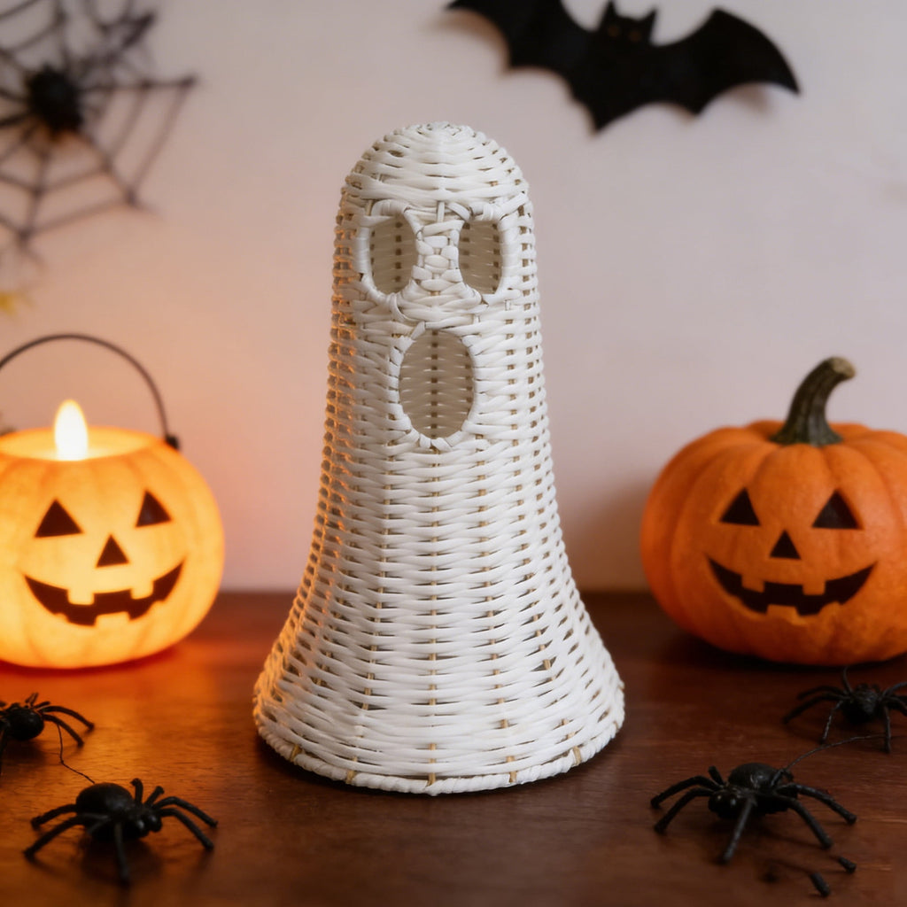Guvpev 12" Handcrafted Woven Ghost - White Faux Rattan & Metal Ghost Figurine, Halloween Spooky Table Centerpiece & Fall Porch Decor for Indoor Outdoor