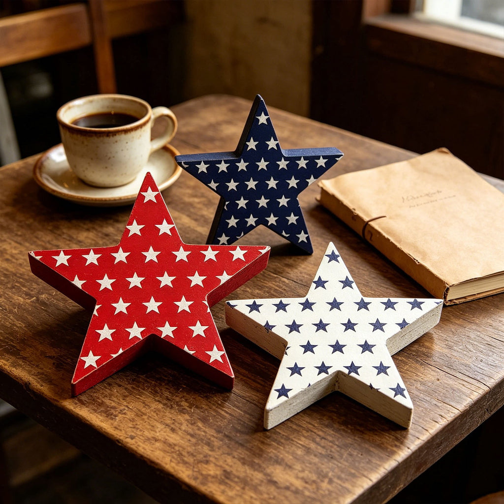 Japceit 3Pcs 4Th Of July Decorations Wooden Stars,Red White Blue Patriotic Decor, Independence Day Ornaments Set,For Home Office Table Shelf