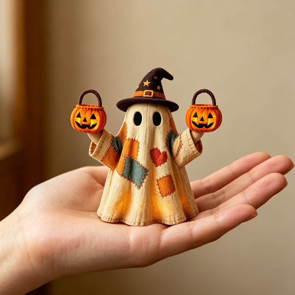 Halloween Ghost Figurine, Resin Lighted Ghost Ornament with Pumpkin Lantern & Beverage Cup, Tabletop Halloween Indoor Decor