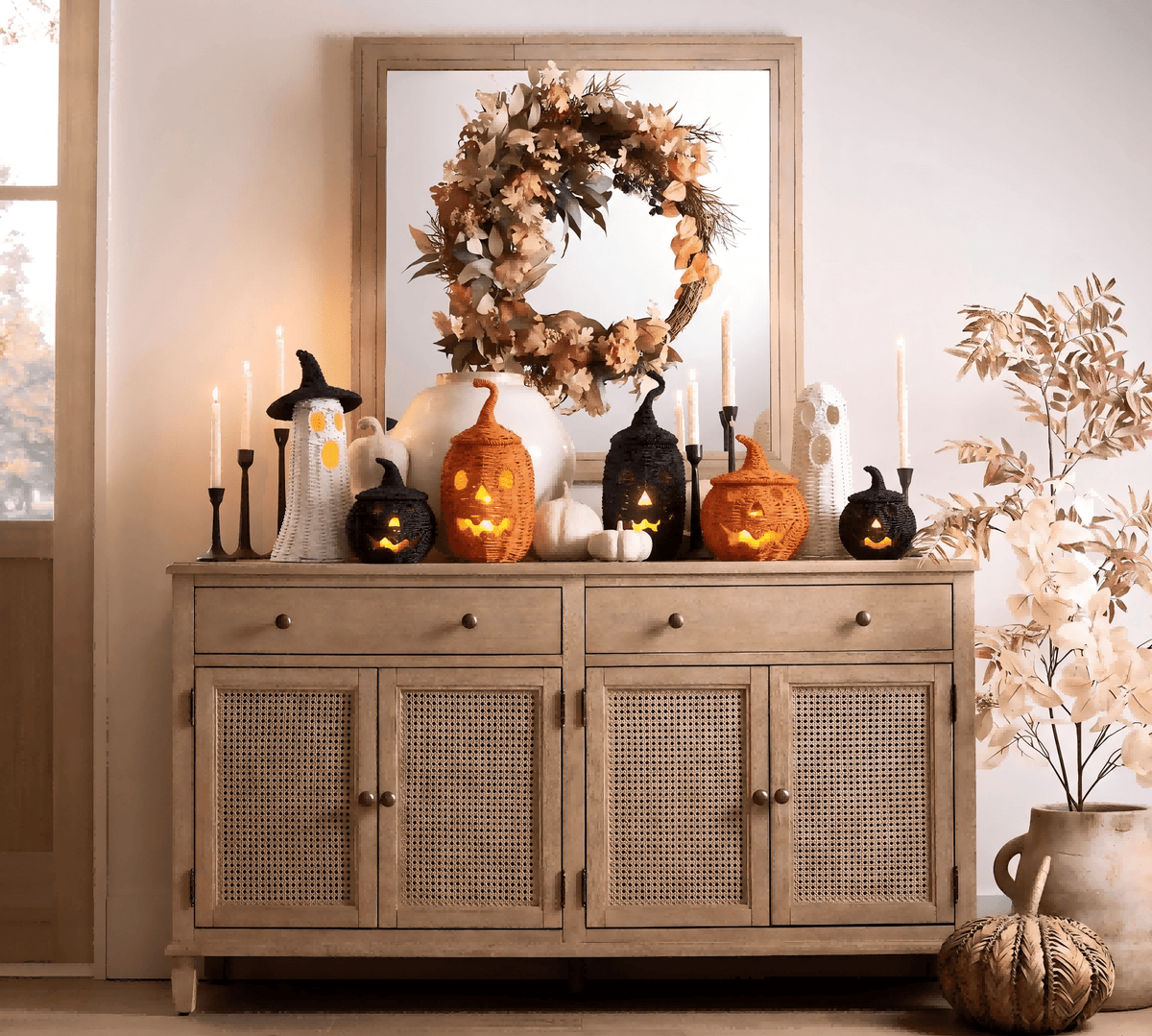 Guvpev 12" Handcrafted Woven Ghost - White Faux Rattan & Metal Ghost Figurine, Halloween Spooky Table Centerpiece & Fall Porch Decor for Indoor Outdoor