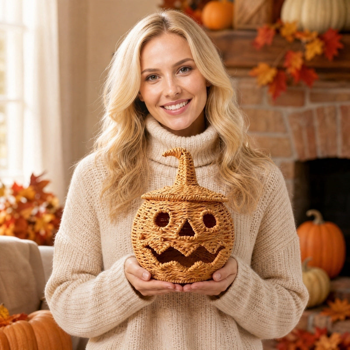 Aximioll Halloween Black Woven Jack-O-Lantern Pumpkin Decor, Hand Woven Rattan Wicker Style Statue, Trick or Treat Candy Bowl Lantern for Porch Entryway Fireplace Mantel Table, Black, 11 Inches