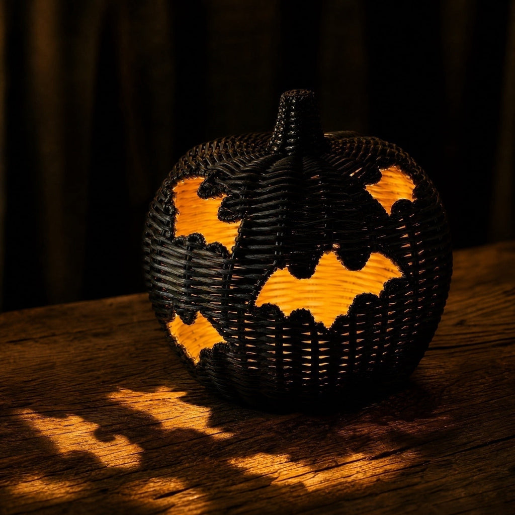 Aximioll Halloween Black Woven Jack-O-Lantern Pumpkin Decor, Hand Woven Rattan Wicker Style Statue, Trick or Treat Candy Bowl Lantern for Porch Entryway Fireplace Mantel Table, Black, 11 Inches