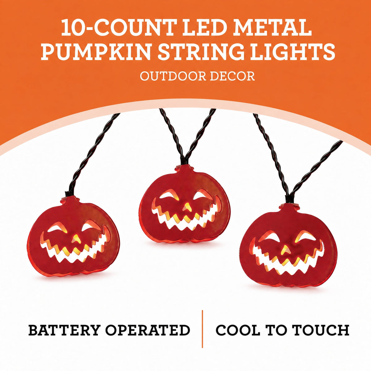 Indoor 10-Count Battery-Operated LED Metal Pumpkin String Lights, Orange, 4.5', Halloween by Way To Celebrate