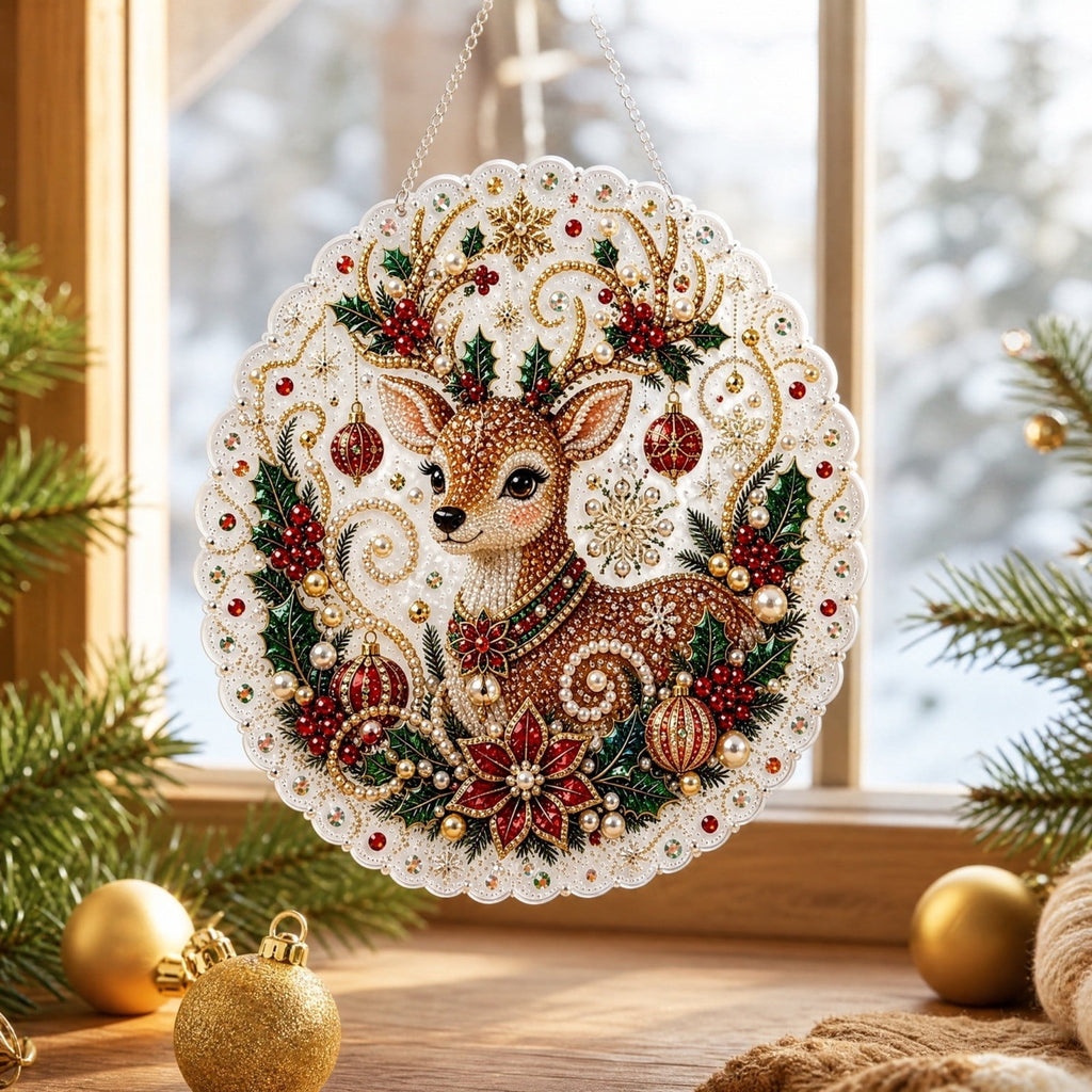 JWZZYD DIY Christmas Pearl Painting Art Kit with Frame, 9.8" Christmas Pearl Beads Art Craft Set, Gemstone Dots Beads for Holiday Christmas Wall Decor, Decoration Gift(Reindeer)