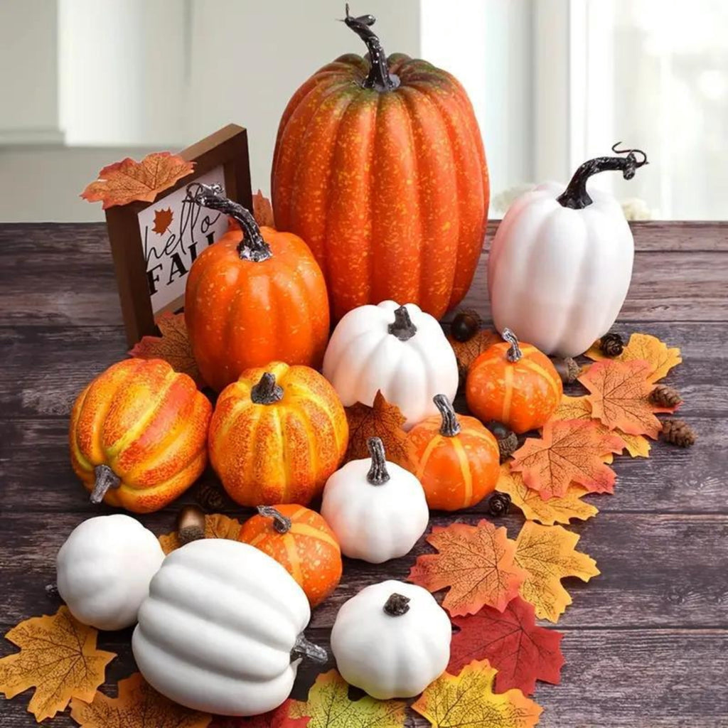 7Pcs Artificial Pumpkins Fall Decoration Assorted Faux Pumpkin Cute Foam Pumpkins for Home Outside Halloween Decorating (White)
