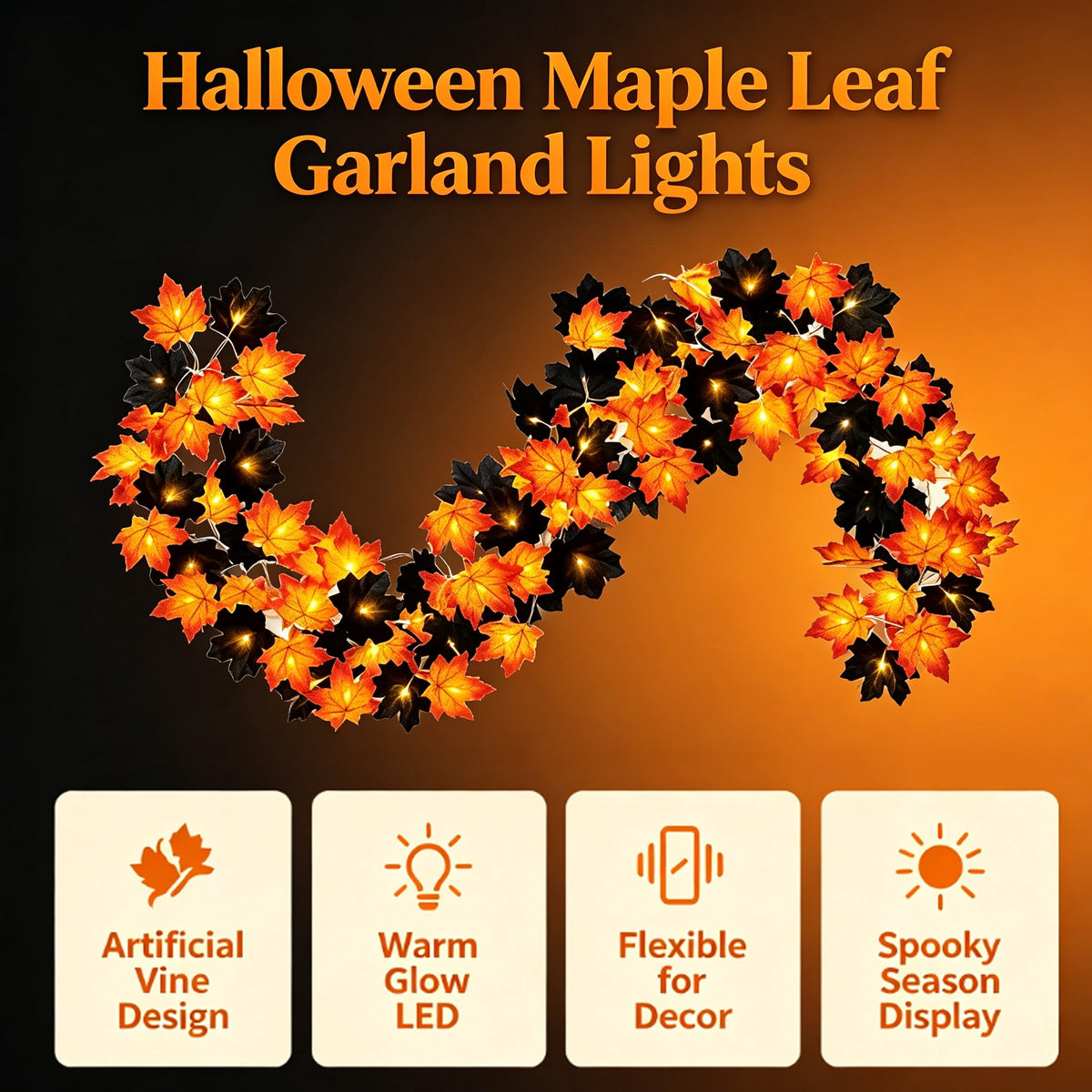 Halloween Black Garland with LED Lights 70.87 Inch Gothic Foliage for Mantel Stair Halloween Party Home Indoor Decor