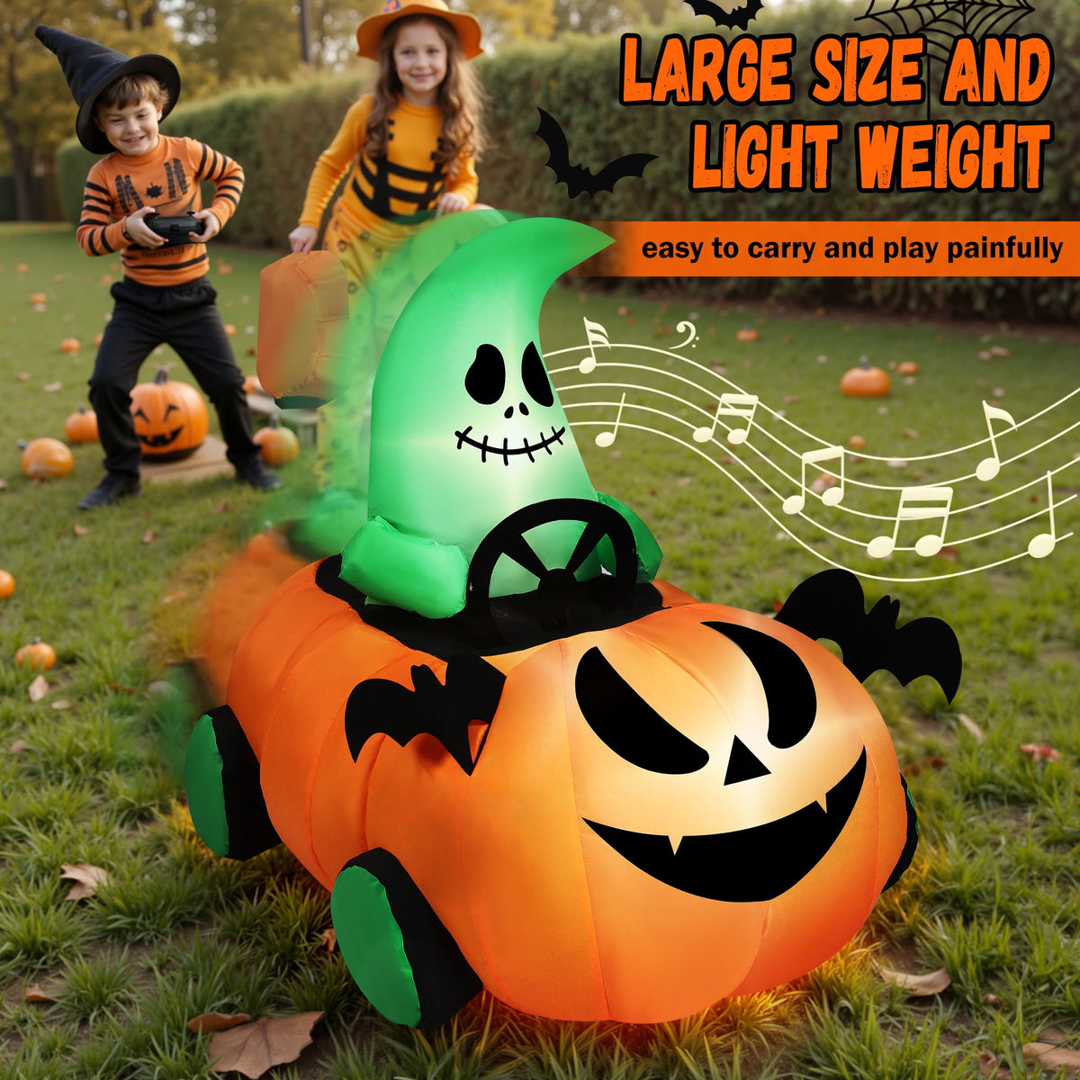 Firstness 2.4GHz Remote Control Car Halloween Inflatable Pumpkin Spider Blow ups Rc Car 360° Rotation, 3 Music and LED Lights,Aged 3+