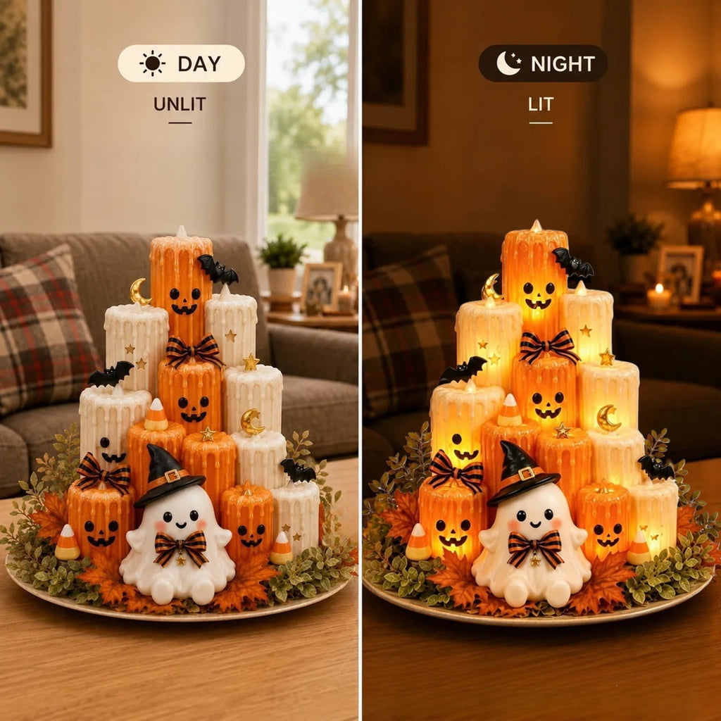 Halloween Ghost Pumpkin LED Candle, Halloween Tabletop Decor with Flickering Warm Light