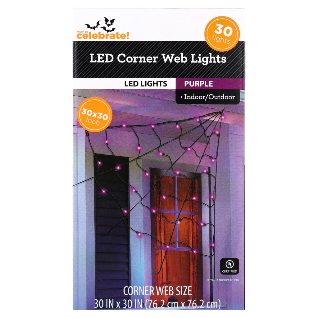 Indoor/Outdoor 30-Count LED Corner Web Lights, Purple, 30" x 30", Halloween by Way To Celebrate