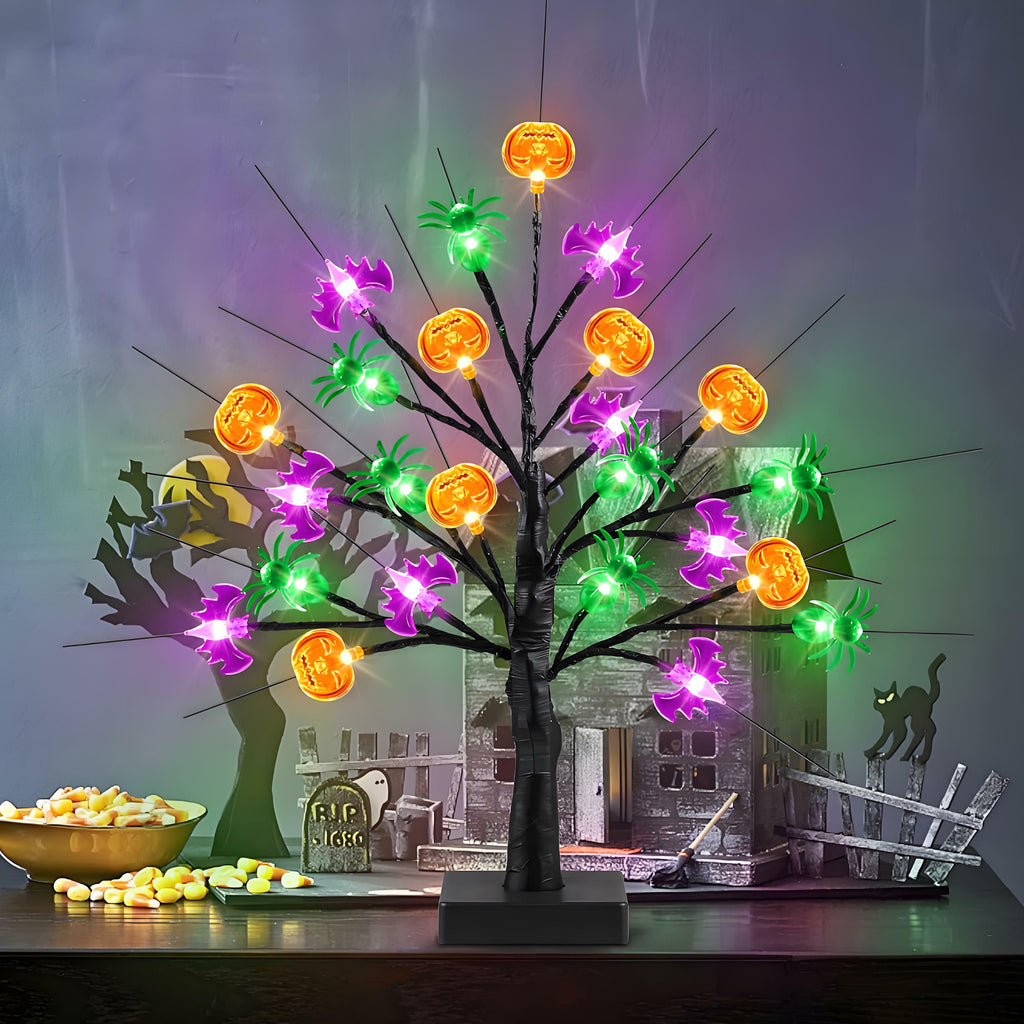 MYFLOCY Halloween 18 Inch Tree Lights 24 LED Pumpkin Bat Spider Indoor Room Decor