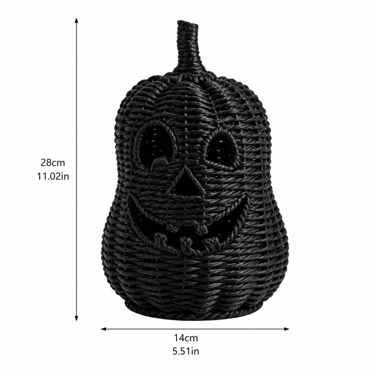 Aximioll Halloween Black Woven Jack-O-Lantern Pumpkin Decor, Hand Woven Rattan Wicker Style Statue, Trick or Treat Candy Bowl Lantern for Porch Entryway Fireplace Mantel Table, Black, 11 Inches
