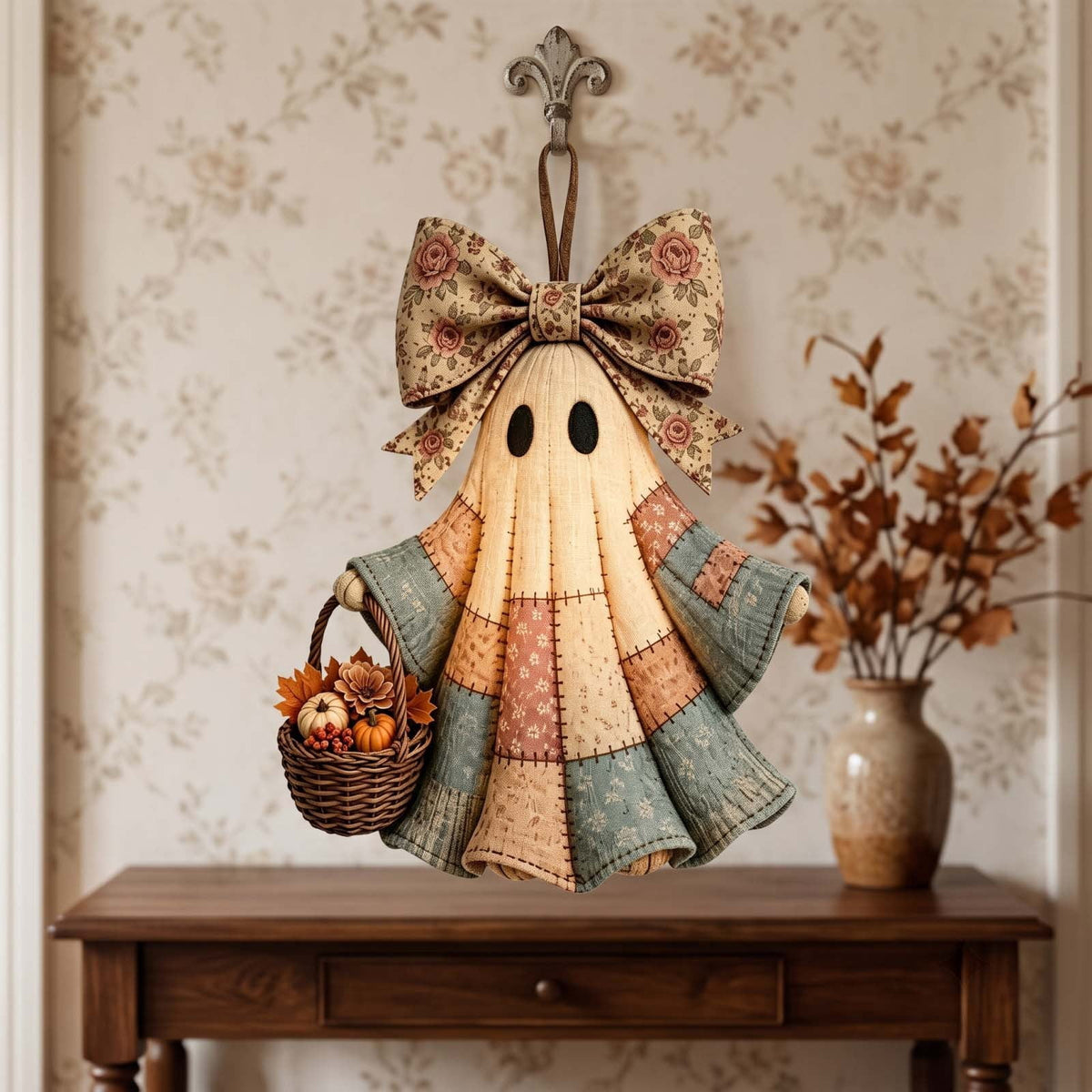 romoty Vintage Patchwork Fabric Ghost Wall Hanging Decor Autumn Floral Bow Door Hanger with Pumpkin Basket for Halloween Fall Cottage Home Accent
