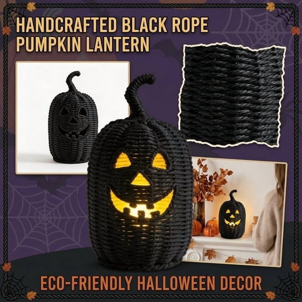 Black Halloween Woven Pumpkin Jack-O'-Lantern with LED Candle, Hand-Woven Rattan Fall Pumpkin Lantern Decor for Home Tabletop, Mantel, Spooky Haunted House Party Supplies