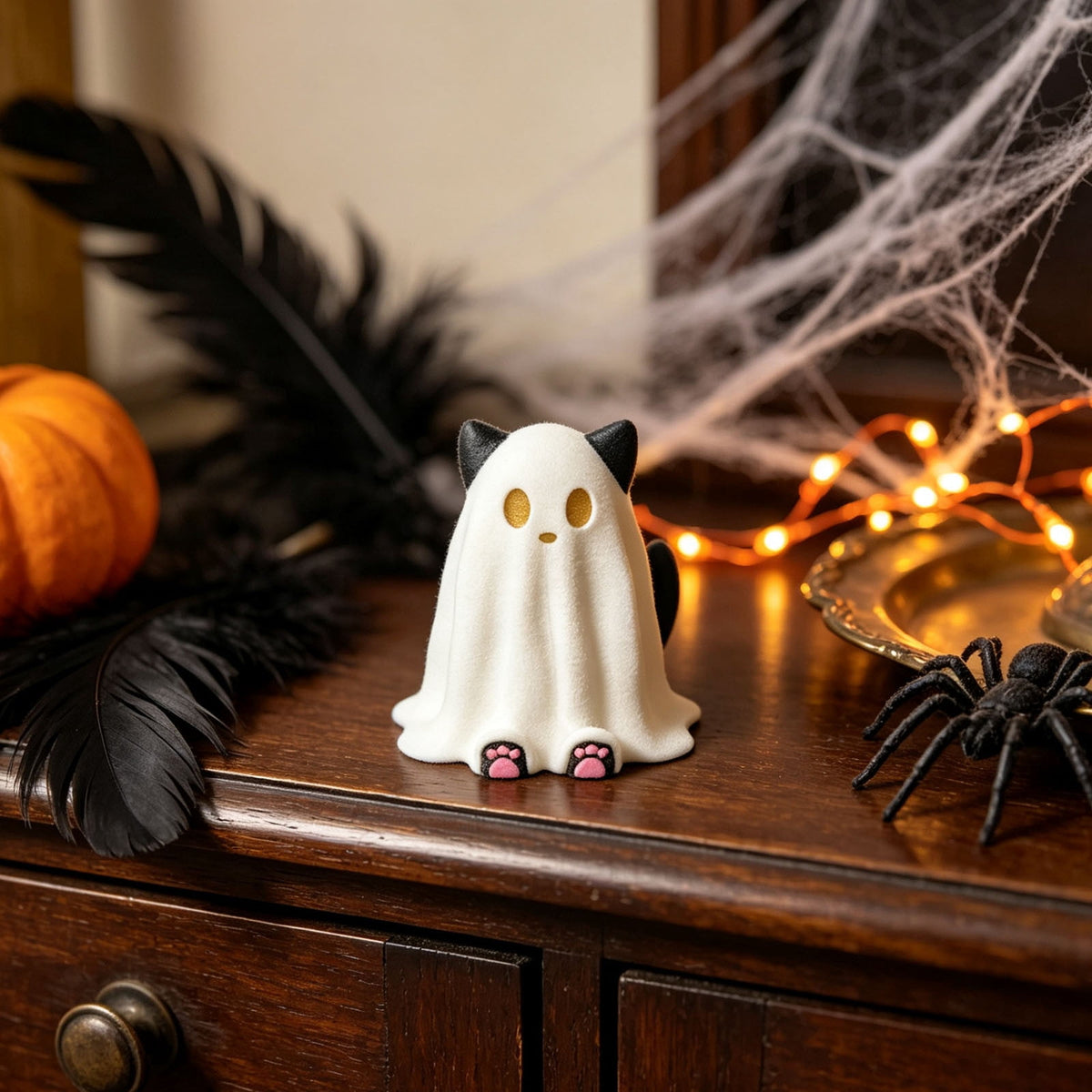 Halloween Ghost Figurine, Resin Lighted Ghost Ornament with Pumpkin Lantern & Beverage Cup, Tabletop Halloween Indoor Decor