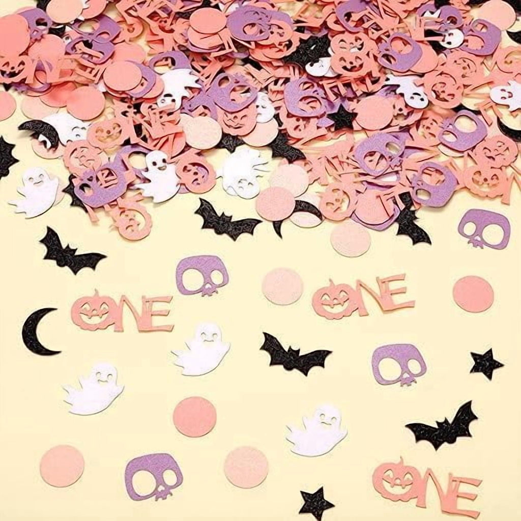 200 Piece Halloween 1st Birthday Confetti Pink Purple Pastel Bat Ghost Pumpkin Decorations for Spooky One Party