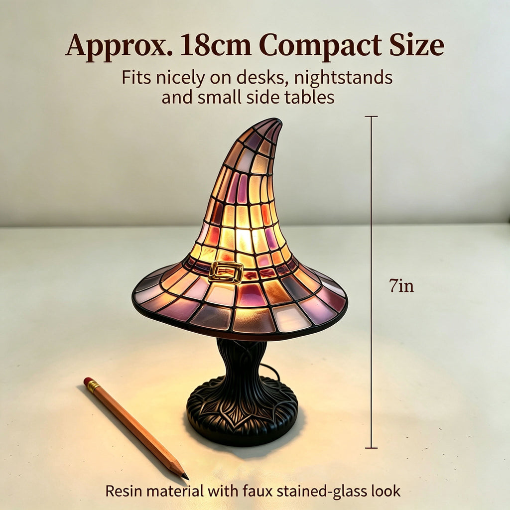 Stained Glass Witch Hat Lamp Gothic Halloween Lighting Decor, Vintage Witchy Hats Night Lights, Handcrafted Retro Resin Table Lamp for Bedroom, Living Room & Home Decor