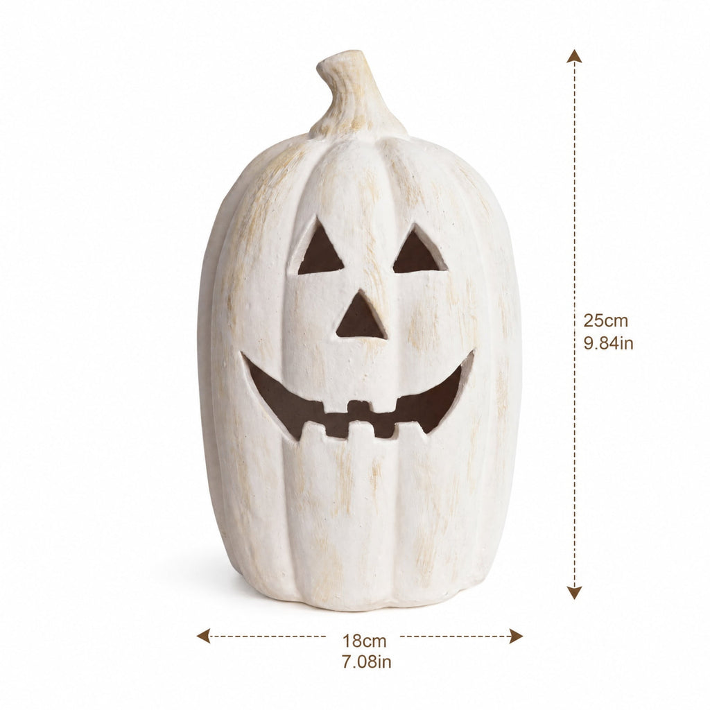 Halloween Decoration White Tall Jack O Lantern, Hollow Smiling Pumpkin Tabletop Accent for Mantel, Porch and Party Display, 9.84 in