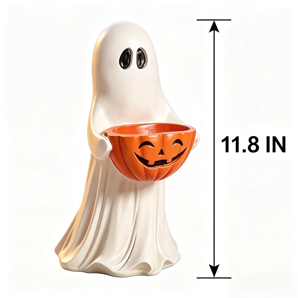 Halloween Ghost Statue with Jack-o-Lantern Pumpkin Candy Bowl, White Resin Ghost Figurine, Tabletop Candy Holder Ornament, Spooky Halloween Gift for Porch Yard Patio Indoor Home Party