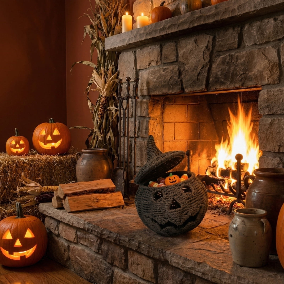 2026 Black Halloween Pumpkin, Halloween Seaweed and Pumpkin Decorations Fall Table Centerpiece for Autumn Fall Holiday Party Home Decor and Festive Fireplace Mantel Display , 11.8 Inch A