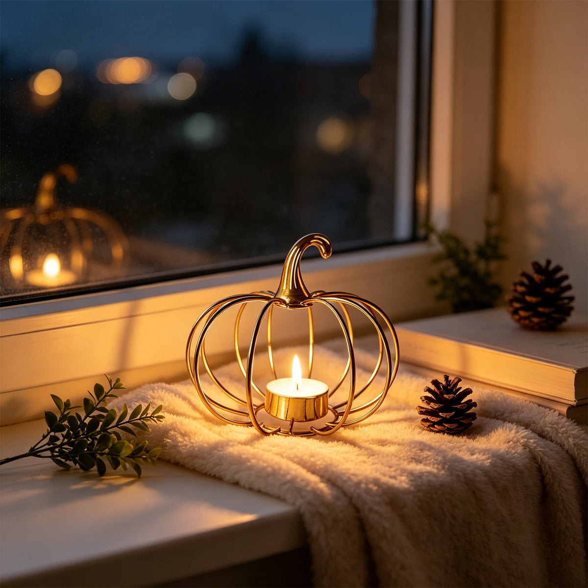 romoty Metal Wire Pumpkin Candle Holder, Vibrant Orange Iron Tealight Stand Tabletop Centerpiece Accent Halloween Thanksgiving Fall Harvest Dining Room Decoration