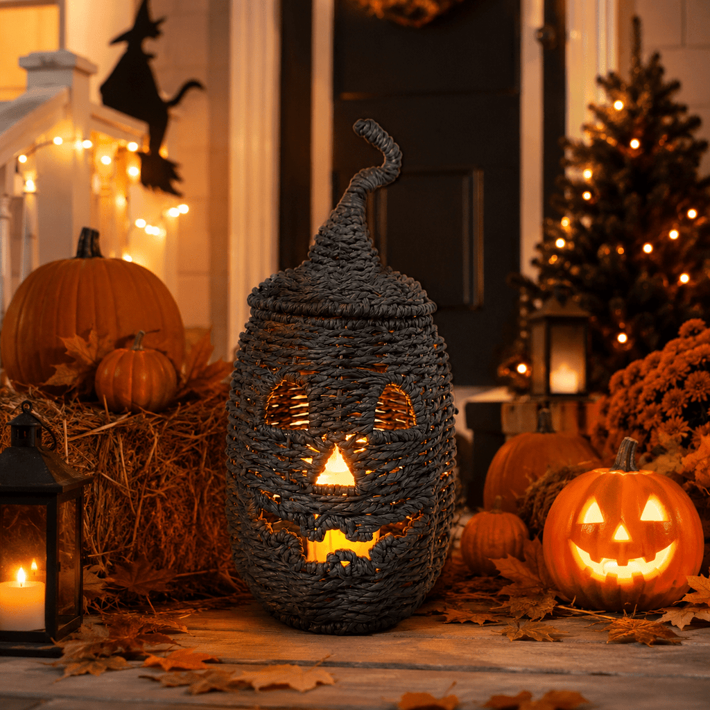 11.8" Black Woven Rattan Jack-O'-Lantern Pumpkin with Warm LED Light, Fall Halloween Tabletop Decoration for Indoor Home, Mantel, Party Decor, Rattan Halloween Pumpkin Decoration