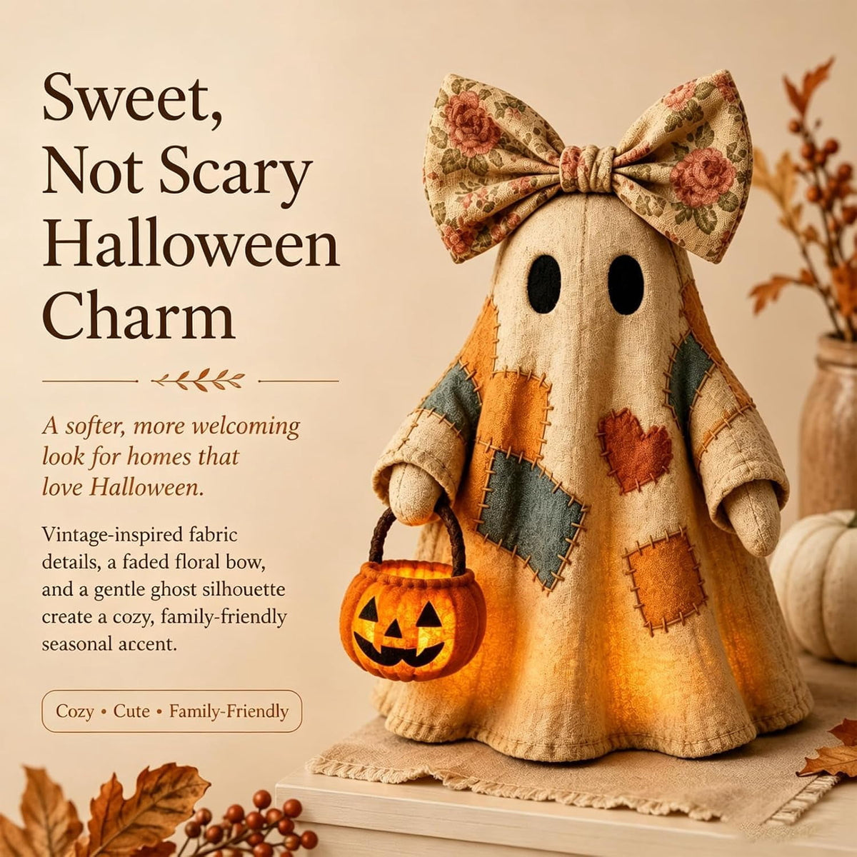Win s Way Lighted Vintage Patchwork Ghost Decor Glowing Ghost Figurine with Pumpkin Lantern Farmhouse Style Light Up Statue for Mantel Shelf Entryway Table Fall Decorations